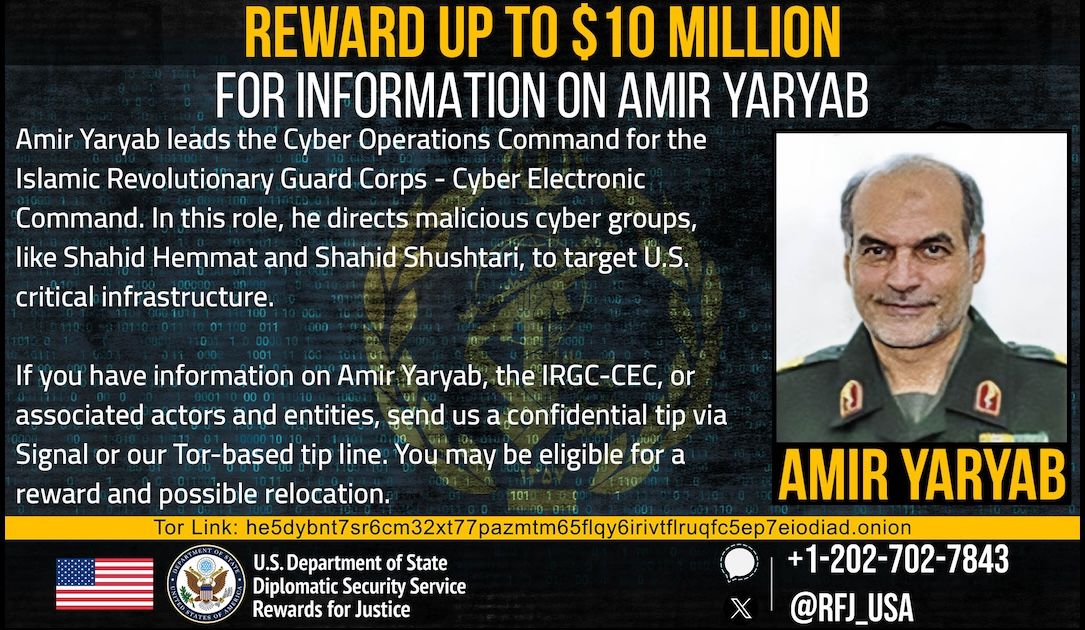 US offers $10 million for info on Iranian allegedly behind cyberattacks on critical infrastructure